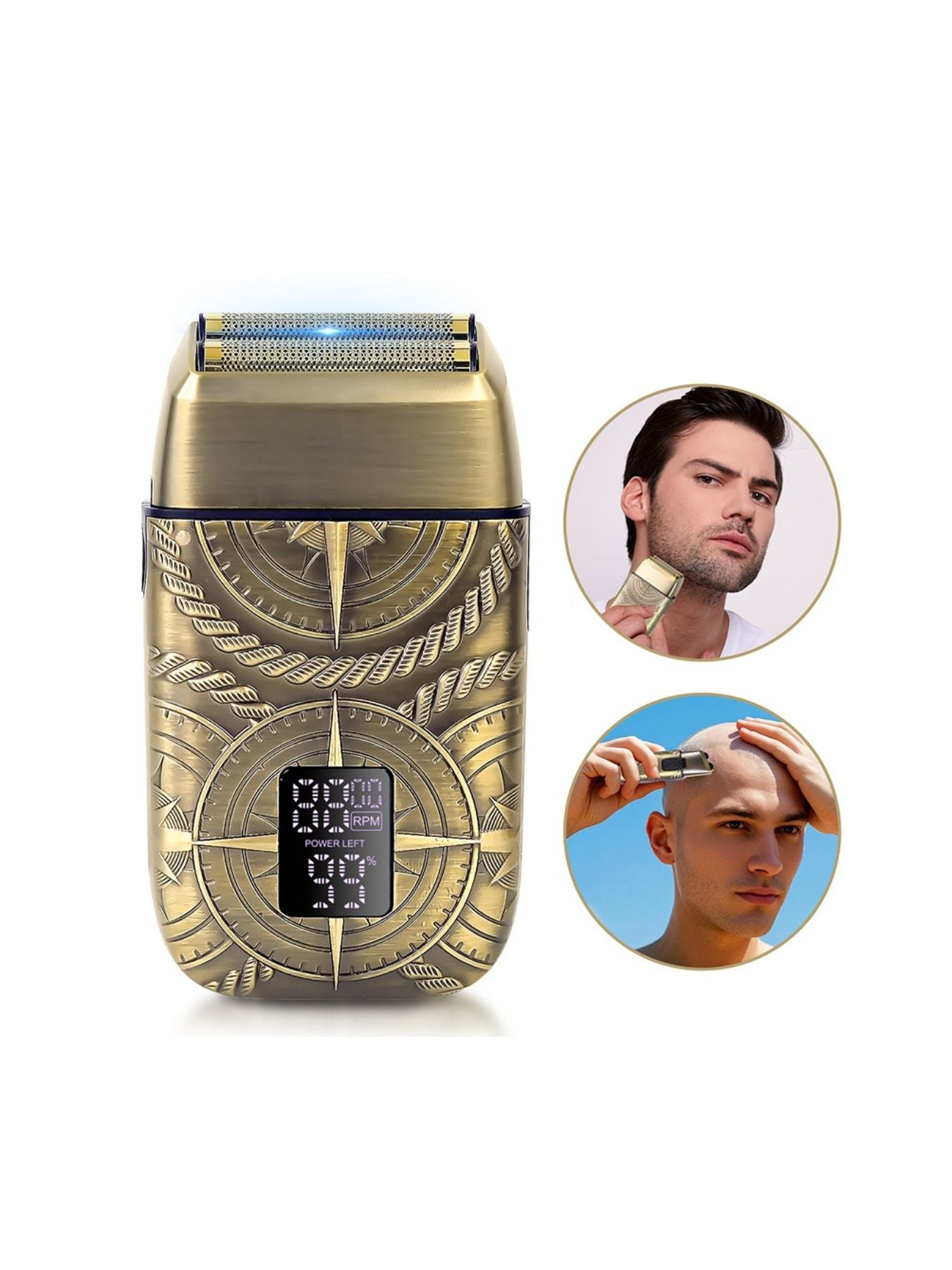 Bronze electric foil shaver with LED display from Trendsi, showcasing a compact design and multiple shaving settings.