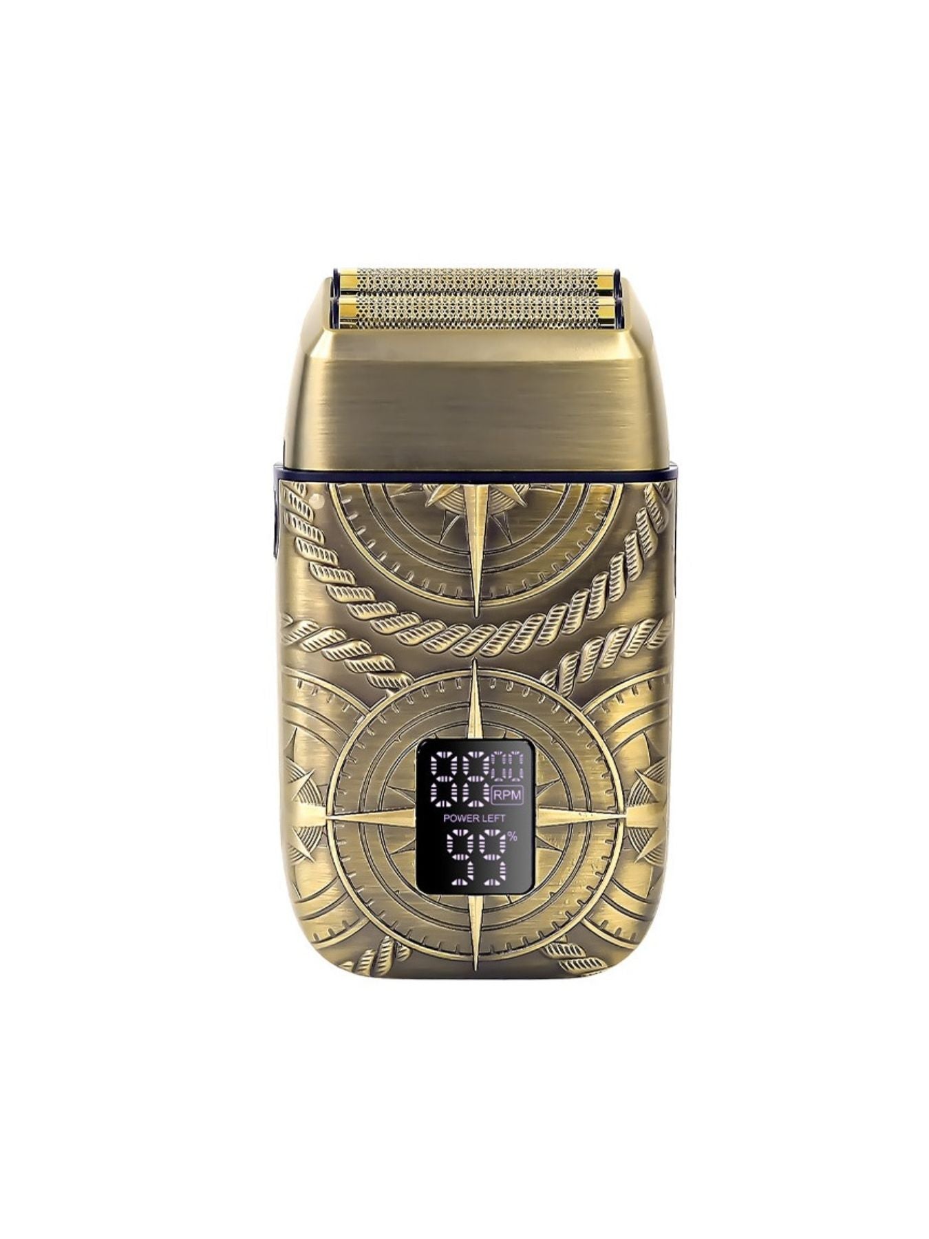 Bronze electric foil shaver with LED display from Trendsi, featuring a sleek design and multiple grooming settings.