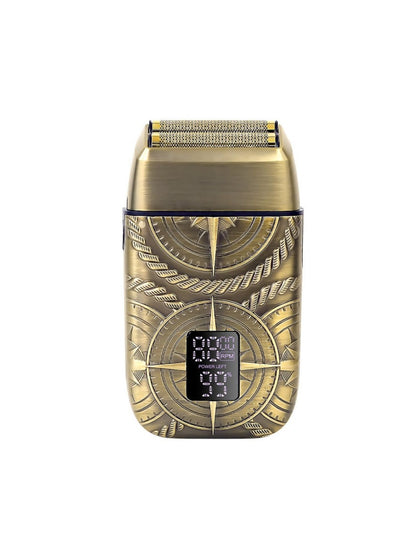 Bronze electric foil shaver with LED display from Trendsi, featuring a sleek design and multiple grooming settings.