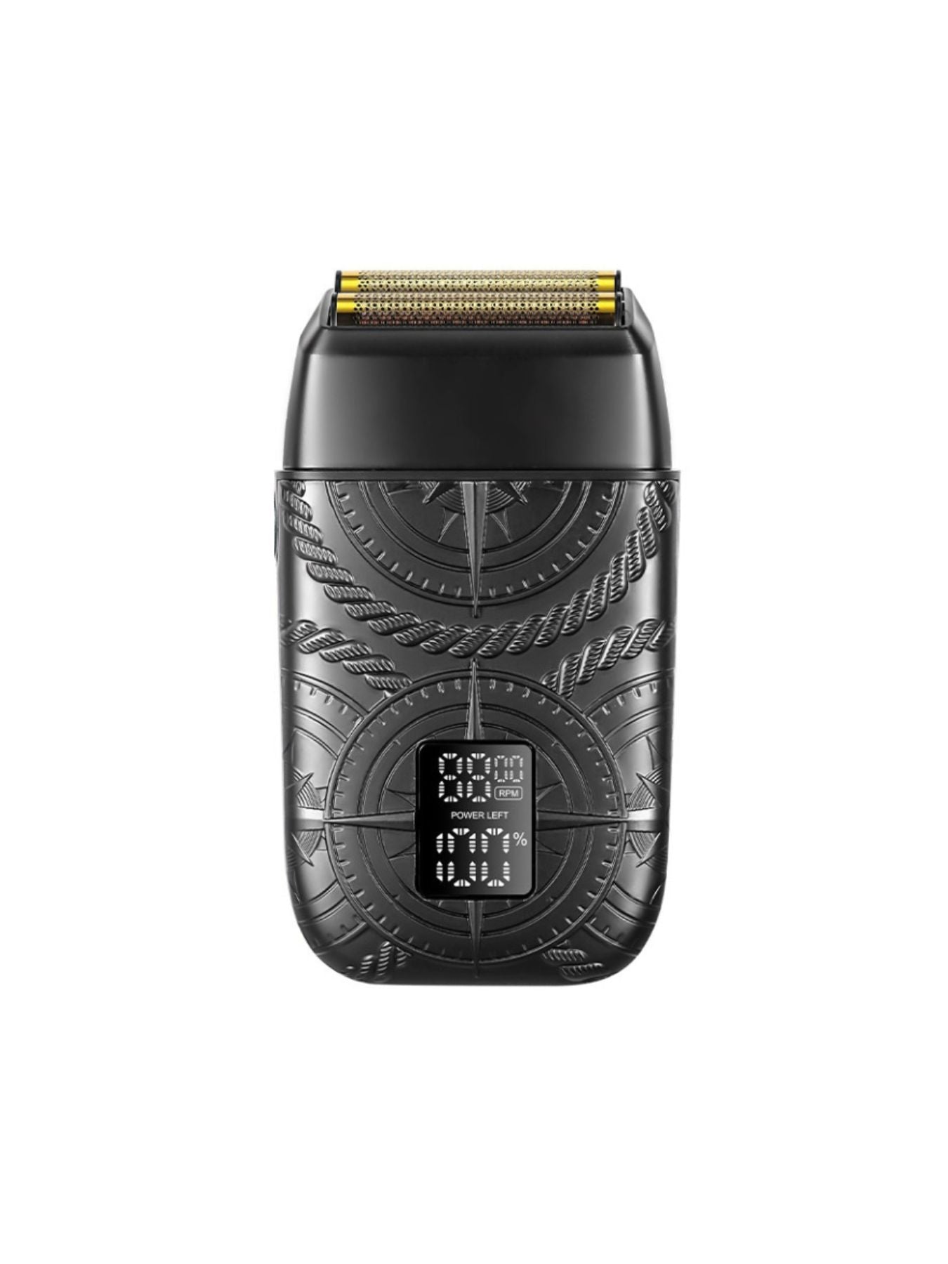Bronze electric foil shaver with LED display by Trendsi, showing close-up of shaving foil and ergonomic handle design.