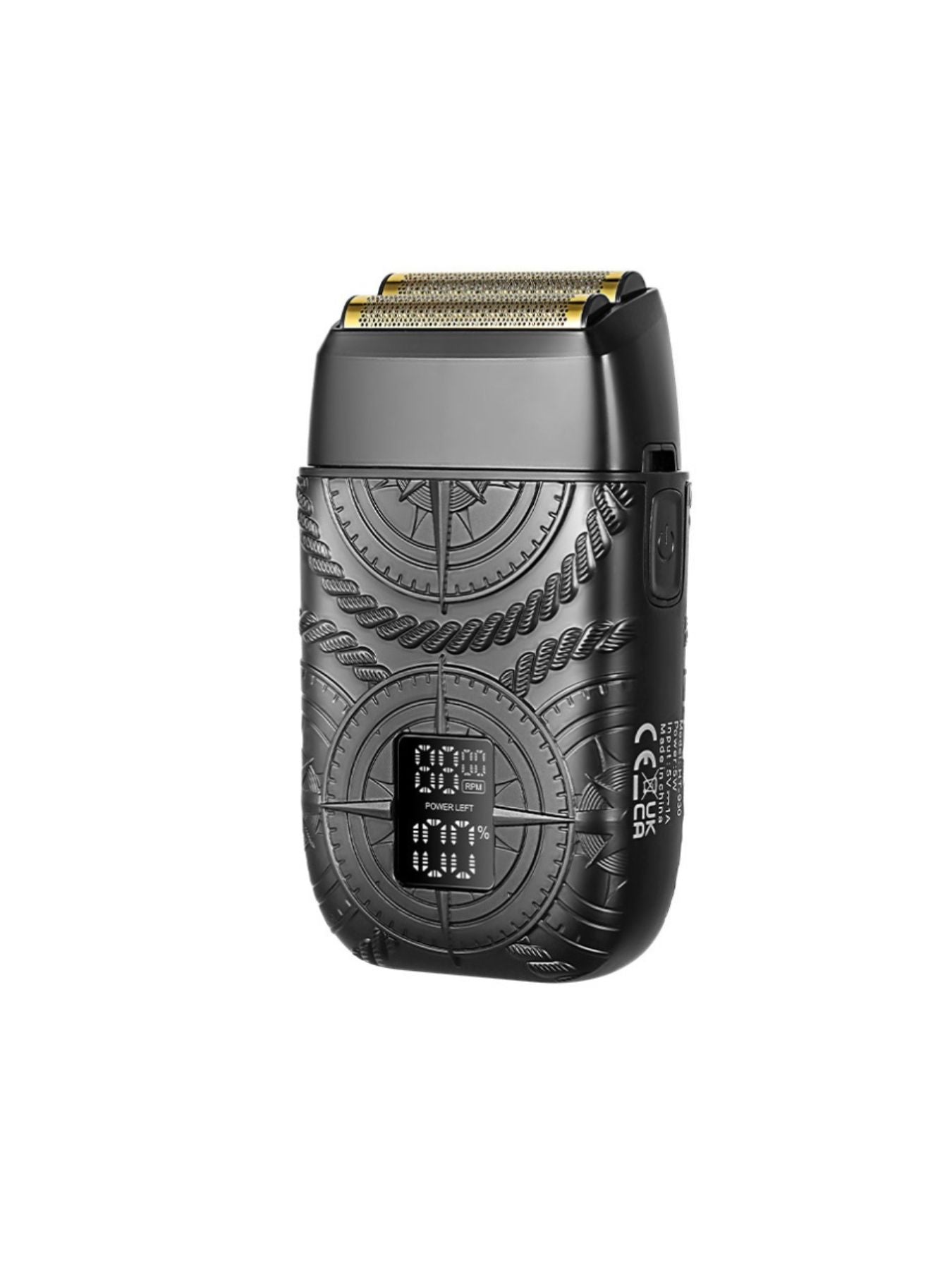 Bronze electric foil shaver with LED display from Trendsi, showing close-up of the shaver's foil and control panel.