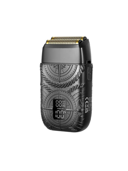 Bronze electric foil shaver with LED display from Trendsi, showing close-up of the shaver's foil and control panel.