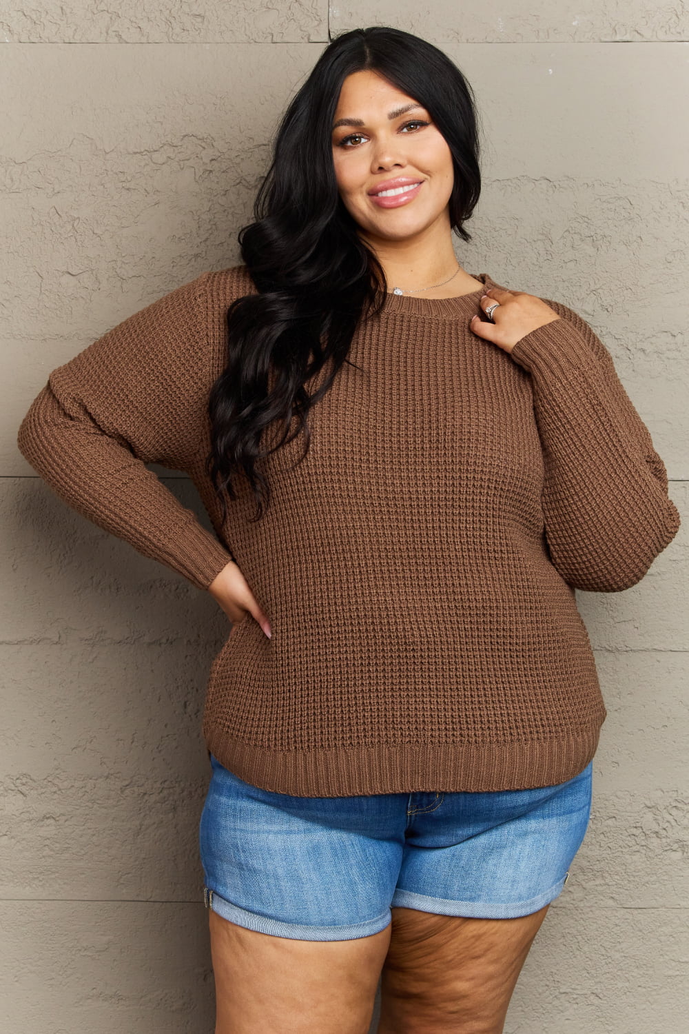 Plus size brown waffle knit high-low sweater from Zenana Breezy Days collection, shown in 1XL, casual cozy style.