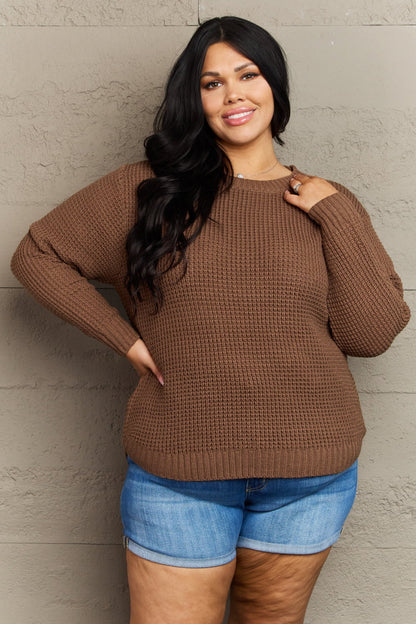 Plus size brown waffle knit high-low sweater from Zenana Breezy Days collection, shown in 1XL, casual cozy style.