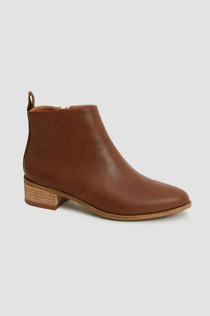 Brown Beast Fashion PU leather block heel boots with stylish ankle design, featuring a sleek, modern look.