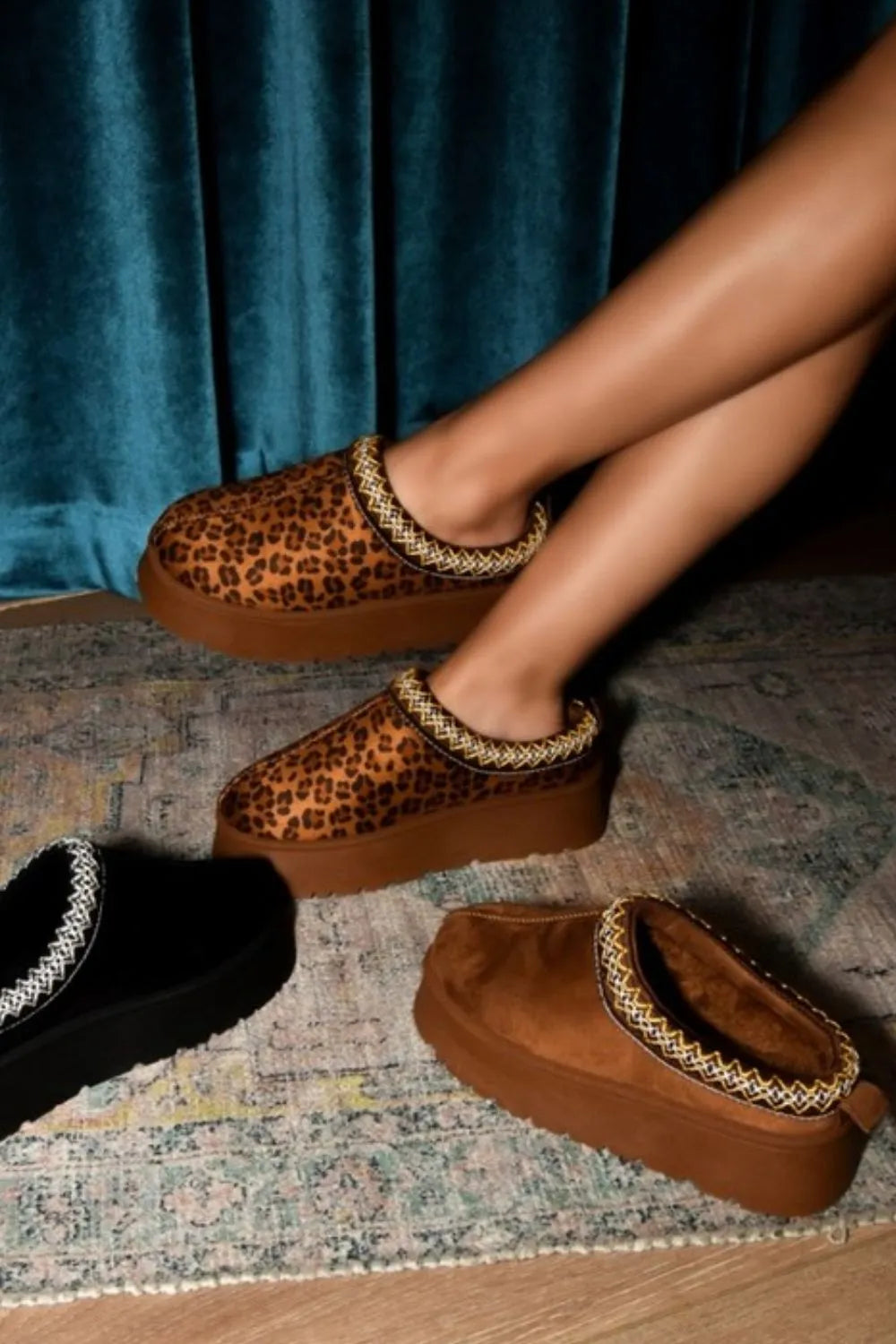 Brown WILD DIVA embroidered trim round toe platform boots by Trendsi, featuring detailed embroidery and chunky sole design.