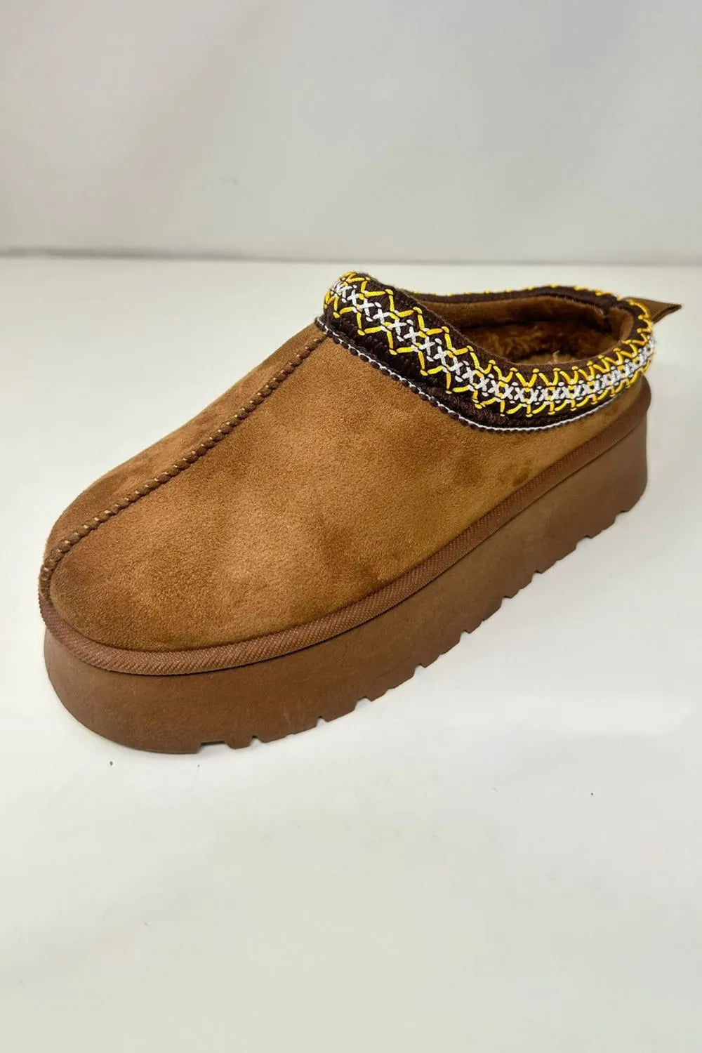 Brown Wild Diva embroidered trim round toe platform boots with stylish design and chunky sole for trendy footwear.