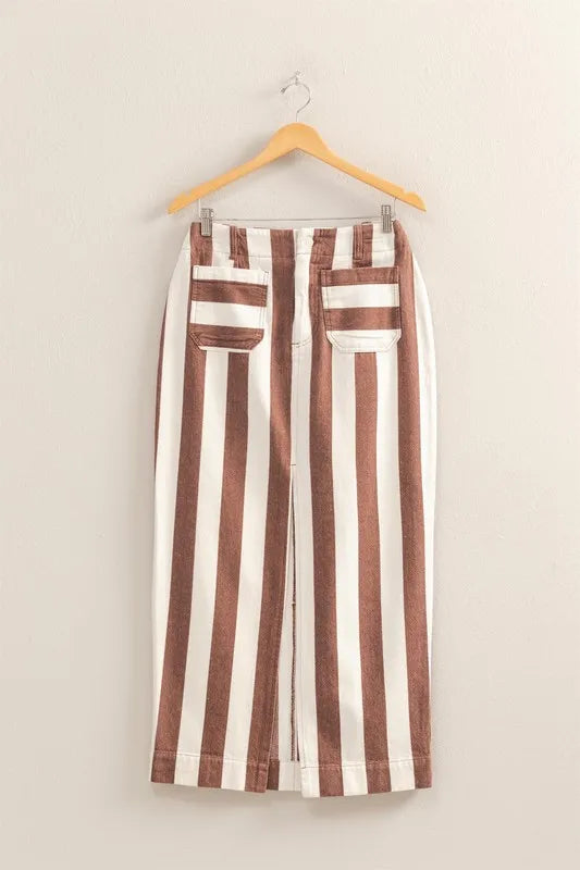 Brown and cream striped maxi skirt with pocket detail from HYFVE, featuring a flowy design and comfortable fit.