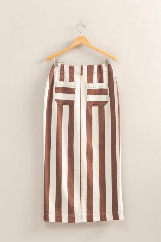 Brown and cream striped HYFVE maxi skirt with pocket details, featuring a flowing design and stylish pattern.