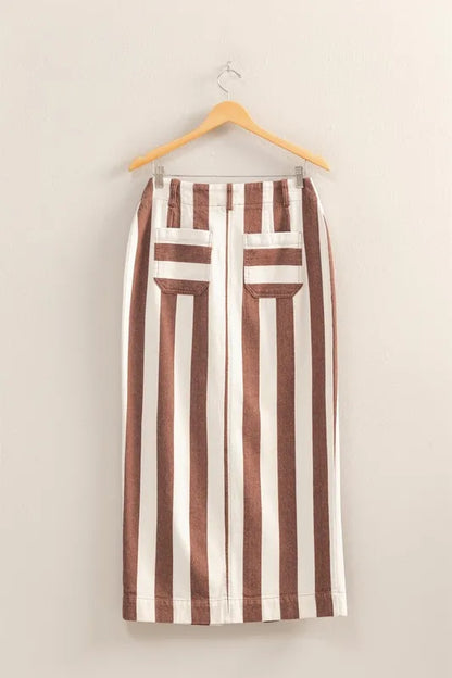 Brown and cream striped HYFVE maxi skirt with pocket details, featuring a flowing design and stylish pattern.