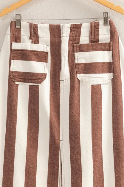 Brown and cream striped Maxi Skirt by HYFVE with pocket detail, featuring a flowy silhouette and casual yet stylish design.