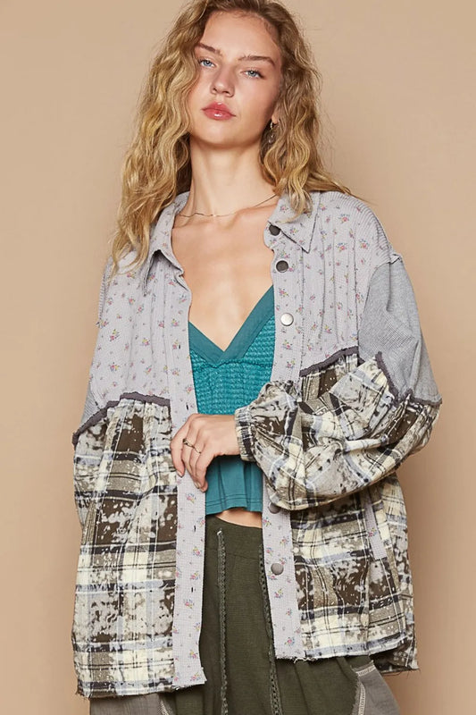 Brown and grey plaid shirt with floral and color block design, featuring balloon sleeves from Trendsi.