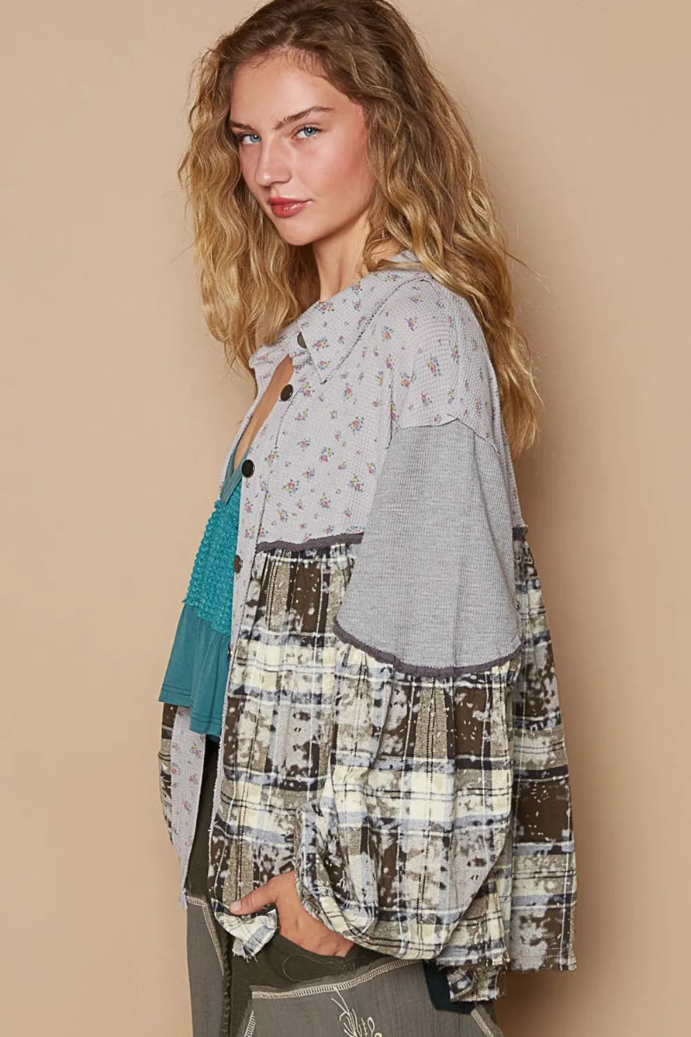 Brown and grey floral color block plaid shirt with balloon sleeves from Trendsi