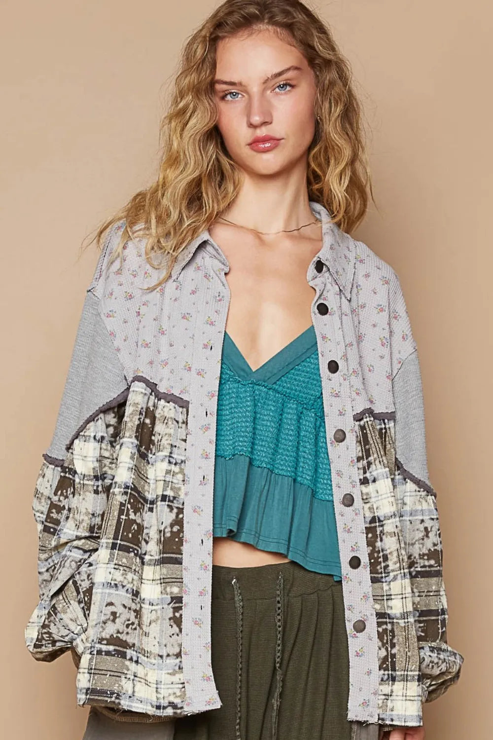 Brown and grey balloon sleeve floral color block plaid shirt by Trendsi, featuring a stylish mix of floral and plaid patterns.