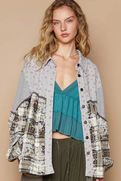 Brown and grey balloon sleeve floral color block plaid shirt by Trendsi, featuring a stylish mix of floral and plaid patterns.
