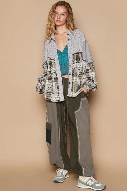 Brown and grey floral color block plaid shirt with balloon sleeves from Trendsi, featuring a stylish, casual design.