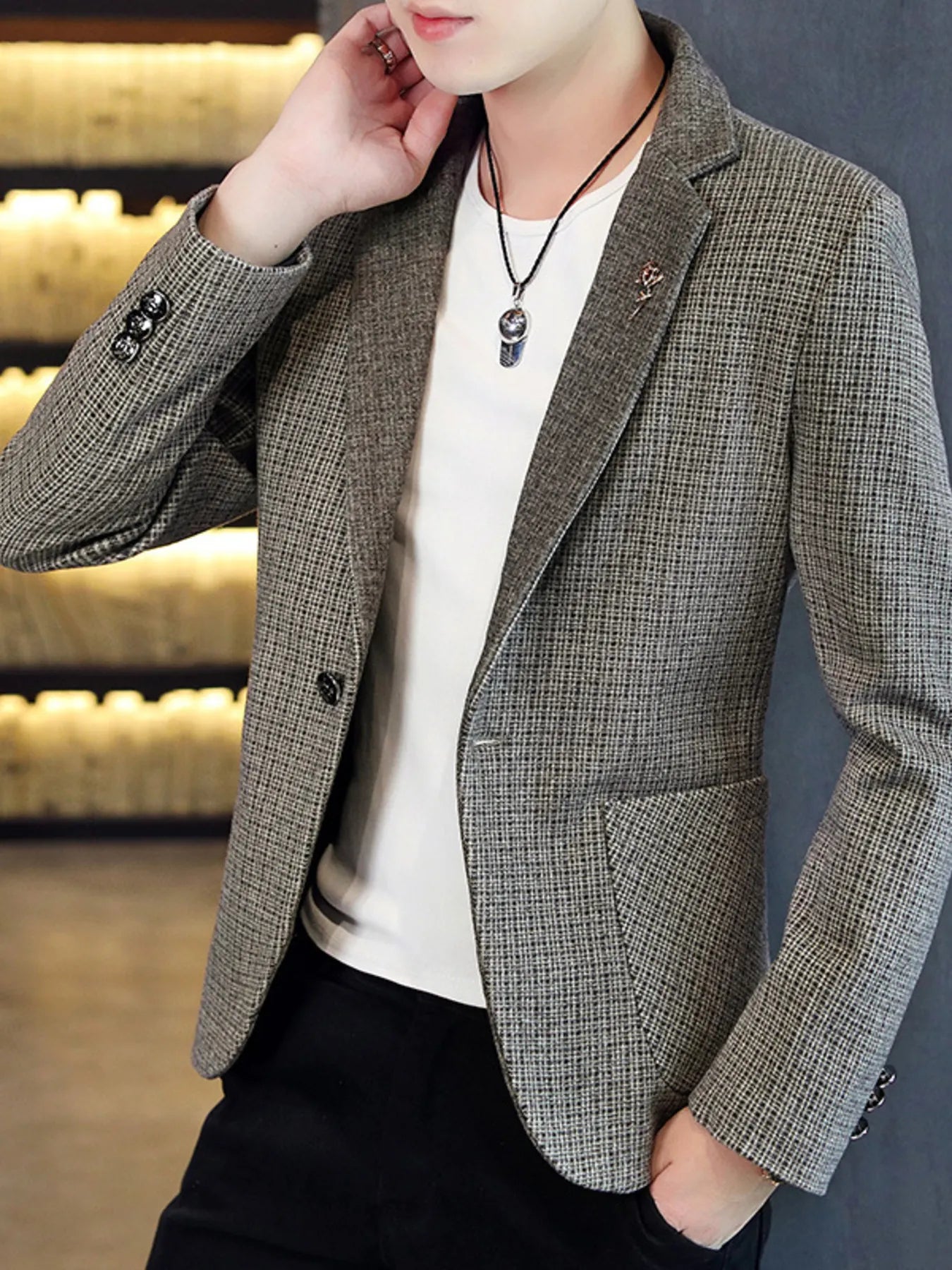 Men's plus size classic plaid slim fit blazer in brown, featuring a tailored design and stylish pattern from Trendsi.