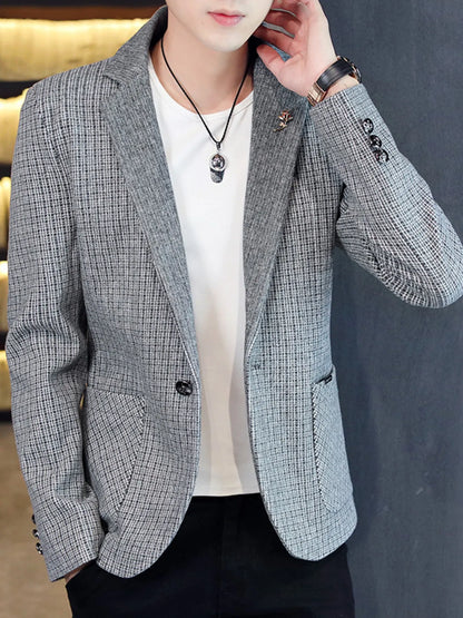 Men's plus size brown plaid slim fit blazer by Trendsi, tailored with classic design and stylish pattern.