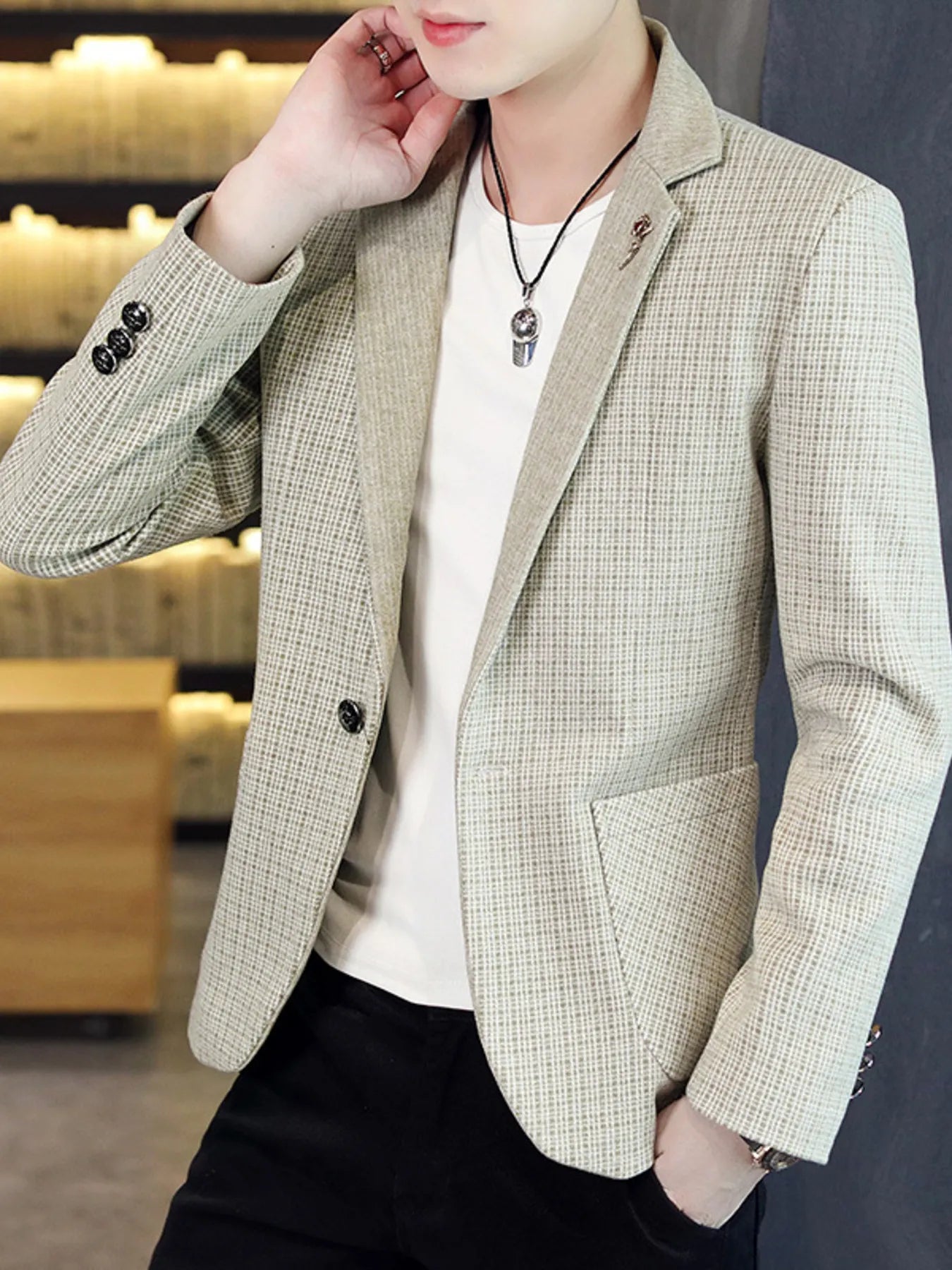 Men's plus size brown plaid slim fit blazer by Trendsi, featuring classic style and tailored fit for a polished look.