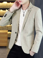 Men's plus size brown plaid slim fit blazer by Trendsi, featuring classic style and tailored fit for a polished look.