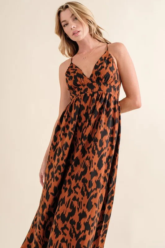 Leopard print plunge maxi dress from Trendsi featuring a fitted bodice and flowing skirt, perfect for stylish summer wear.