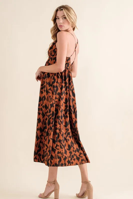 Leopard print plunge maxi dress by Trendsi featuring a fitted waist, long skirt, and bold animal pattern.