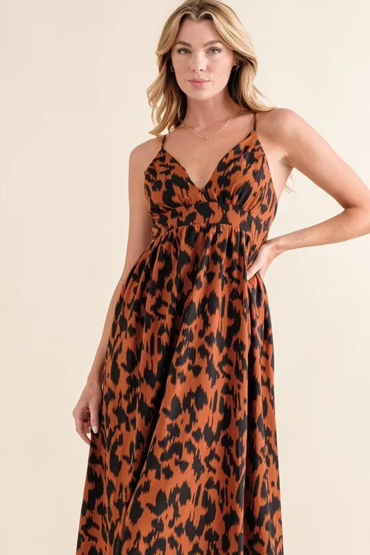 Leopard print plunge maxi dress by Trendsi featuring a fitted bodice and flowing skirt, perfect for stylish summer occasions.