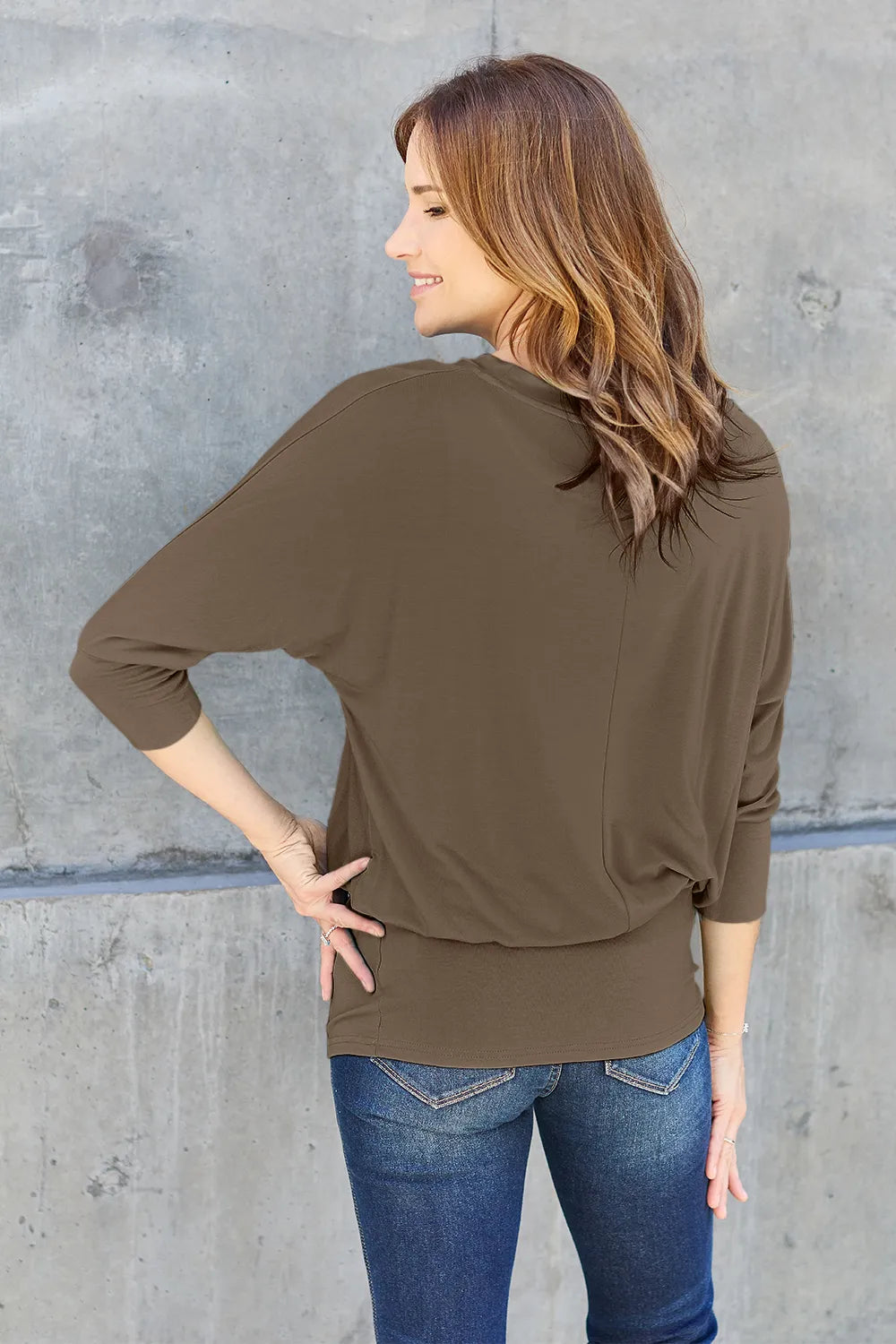 Brown Trendsi Basic Bae full-size round neck batwing sleeve top displayed on a mannequin.
