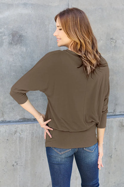 Brown Trendsi Basic Bae full-size round neck batwing sleeve top displayed on a mannequin.