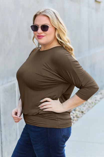 Trendsi brown Basic Bae full-size round neck batwing sleeve top, casual and comfortable women’s clothing.
