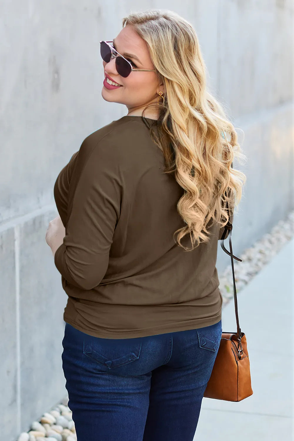 Brown Basic Bae full-size round neck batwing sleeve top by Trendsi, featuring a relaxed fit and stylish design.