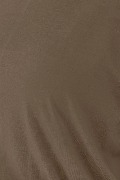 Brown Basic Bae full-size round neck batwing sleeve top by Trendsi, showing the relaxed fit and stylish batwing sleeves.