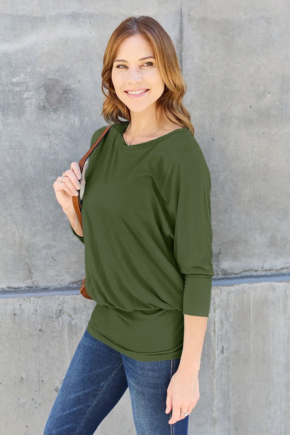 Brown Basic Bae full-size round neck batwing sleeve top by Trendsi, showcasing a relaxed fit and stylish design.