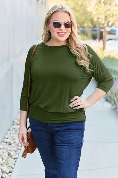 Brown Trendsi Basic Bae full-size round neck batwing sleeve top displayed on a model.