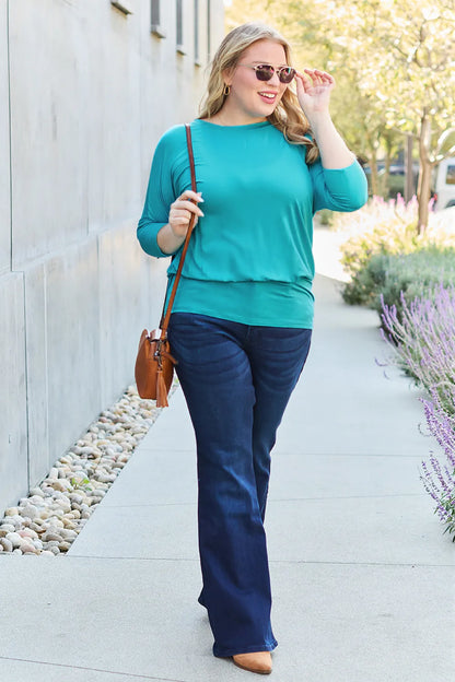 Brown Basic Bae full-size round neck batwing sleeve top by Trendsi, featuring a relaxed fit and stylish design.