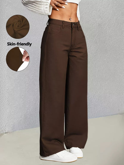 Brown high-waisted wide-leg jeans by Trendsi, displayed on a hanger with a focus on the fit and style of the denim.