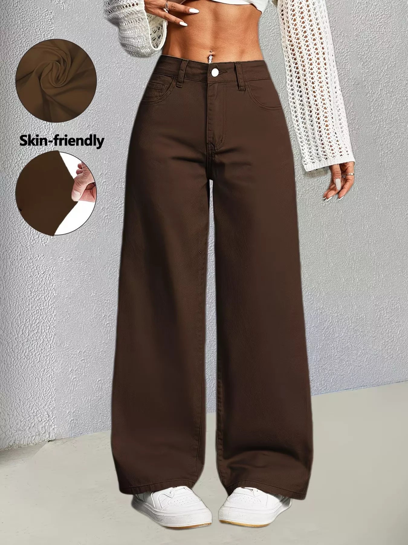 Brown high-waisted wide-leg jeans by Trendsi, featuring a relaxed fit and classic denim style.