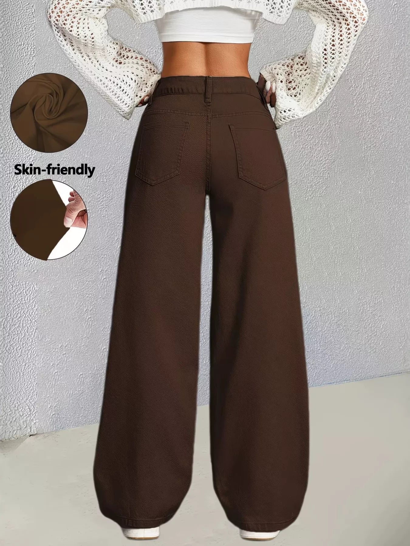Brown high-waisted wide-leg jeans from Trendsi, styled with a relaxed fit and classic denim look.