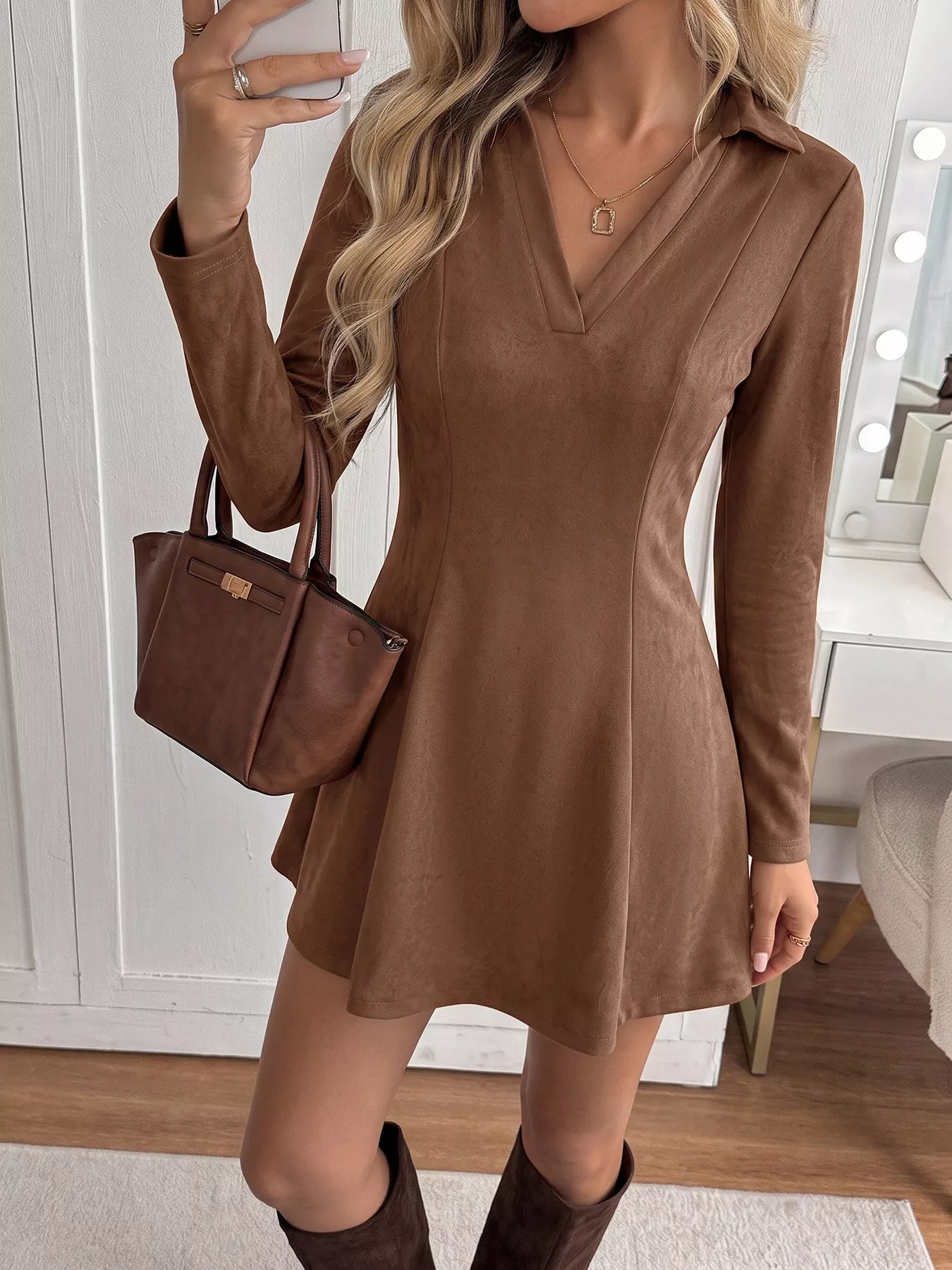 Brown Johnny Collar long sleeve dress from Trendsi, featuring a classic collar and elegant fit, perfect for versatile wear.