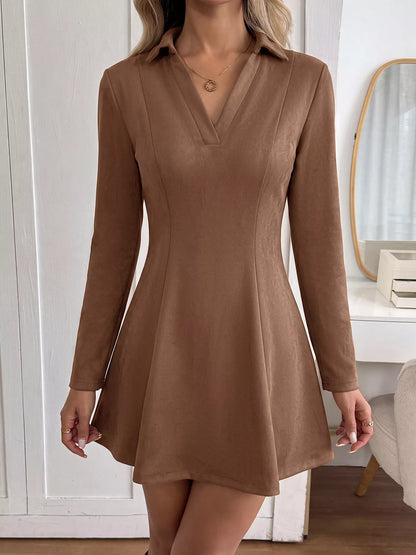 Brown Johnny collar long sleeve dress by Trendsi, showing a stylish dress with a button-down front and a fitted silhouette.