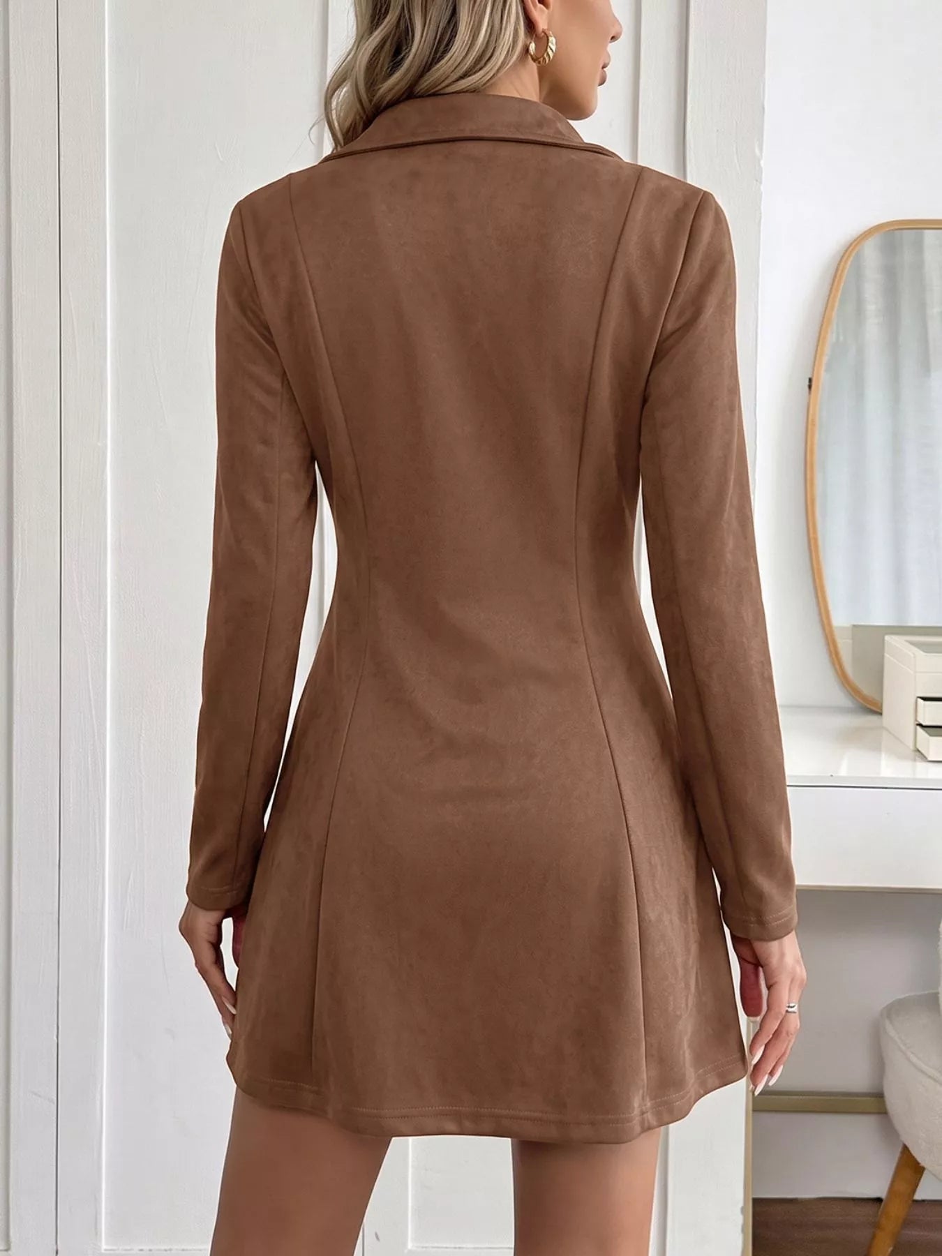 Brown Johnny Collar long sleeve dress by Trendsi, featuring a classic collar, fitted silhouette, and elegant design.