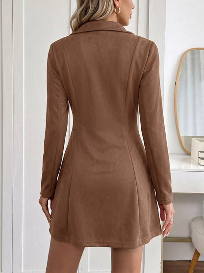 Brown Johnny Collar long sleeve dress by Trendsi, featuring a classic collar, fitted silhouette, and elegant design.