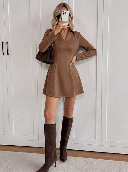 Brown Johnny collar long sleeve dress by Trendsi featuring a classic collar, fitted silhouette, and button-down front.