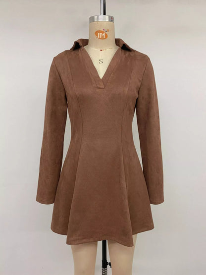 Brown Johnny Collar long sleeve dress by Trendsi, featuring a classic collar and fitted silhouette, shown on a model.