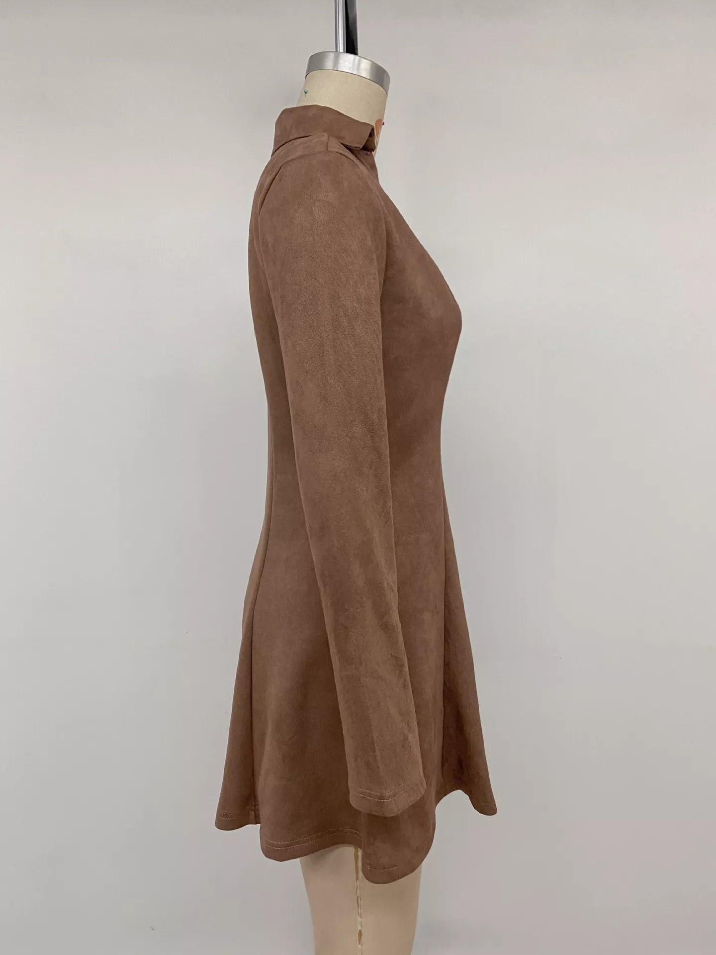 Brown Johnny collar long sleeve dress by Trendsi, featuring a stylish collar and comfortable fit, shown on a model.
