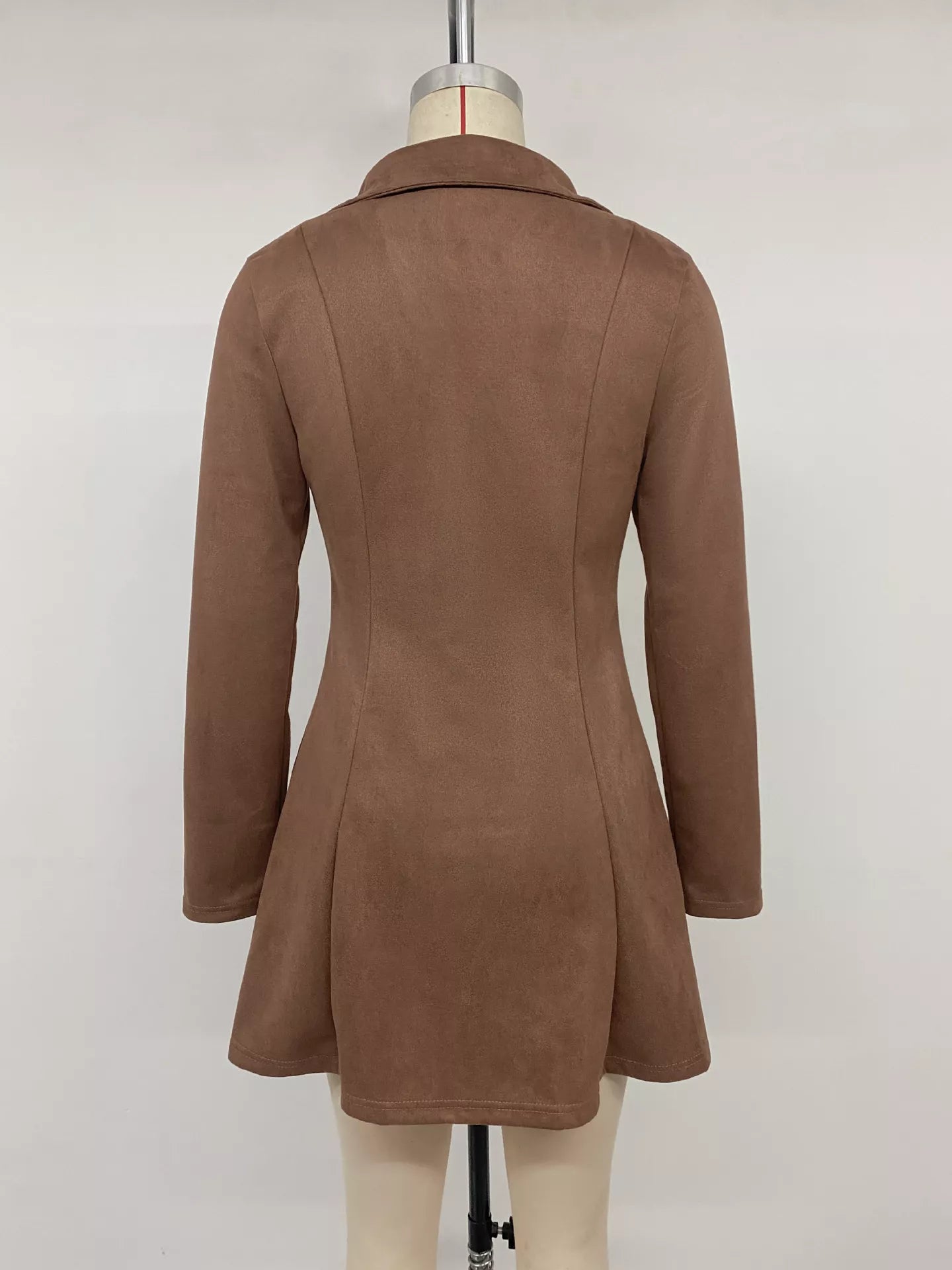 Brown Johnny collar long sleeve dress by Trendsi, featuring a classic collar and tailored fit for a stylish, casual look.