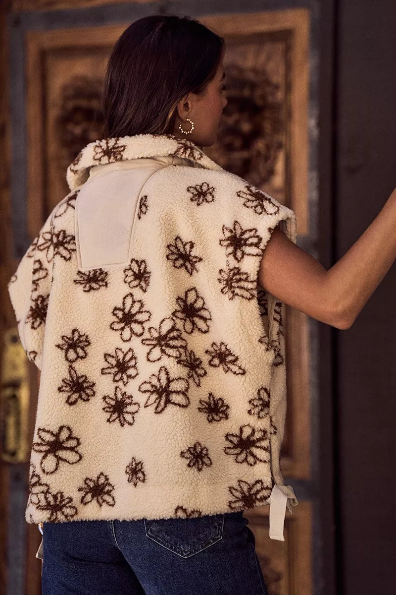 Brown SO ME Flower Sherpa Fur Oversized Sleeveless Vest Jacket by Trendsi, showcasing plush sherpa material and floral design details.