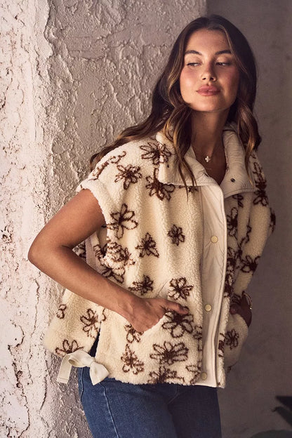 Brown SO ME Flower Sherpa Fur oversized sleeveless vest jacket with plush Sherpa lining and floral design by Trendsi.