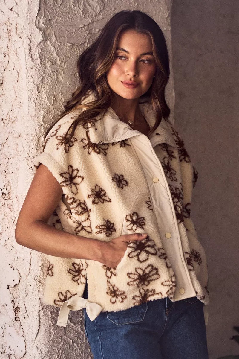 Brown SO ME Flower Sherpa Fur Oversized Sleeveless Vest Jacket by Trendsi, featuring plush sherpa fur and floral design details.