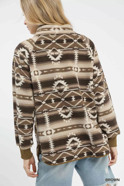 Brown Umgee Aztec print sherpa pullover featuring a cozy, patterned design perfect for casual winter wear.